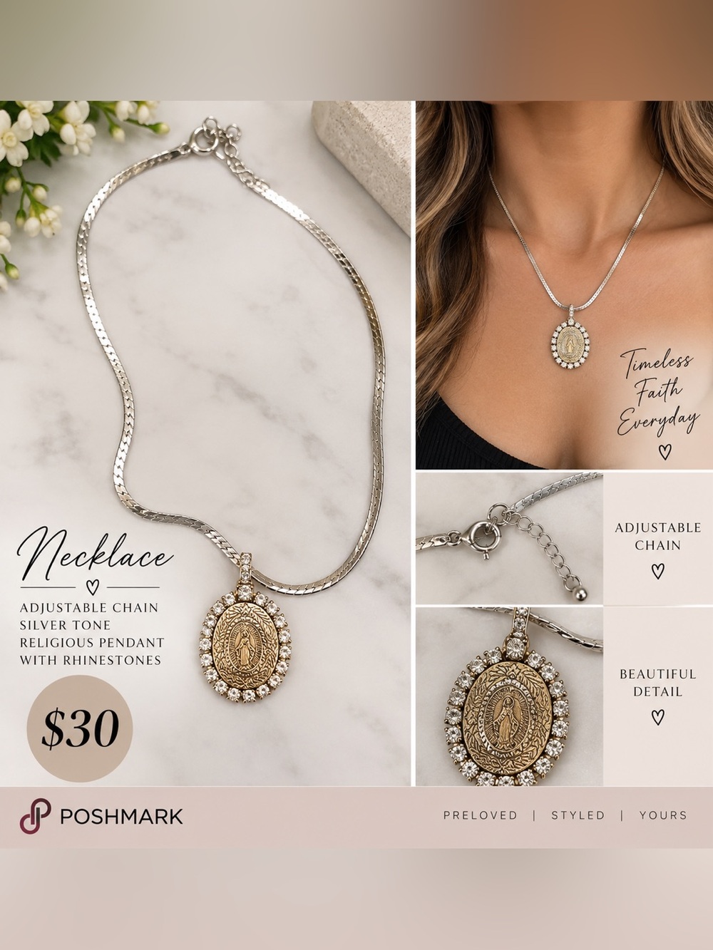 Silver Chain Necklace with Gold Virgin Mary Pendant / Madallion